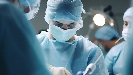 Group of surgeons at work in operating theater toned in blue.の素材