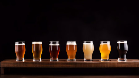 different types of beer in glasses on a wooden shelf, black backgroundの素材