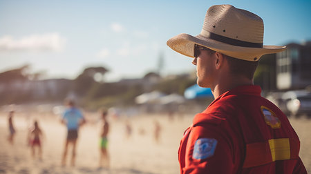 Back view of young man in red life jacket and hat looking at beachの素材