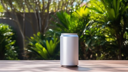 Blank aluminum can on wooden table with green garden in background.の素材