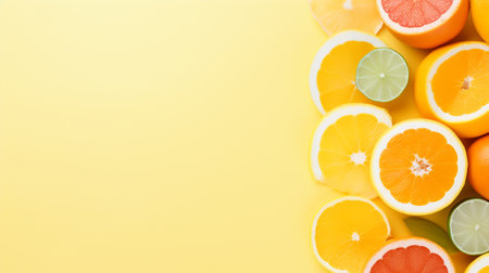 Variety of citrus fruit including lemons, lines, grapefruits and oranges on a yellow background.の素材