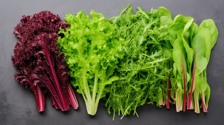 Variety of fresh green salad leaves on black background, top viewの素材