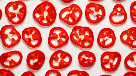 Red pepper slices isolated on white background. Top view. Flat lay.の素材