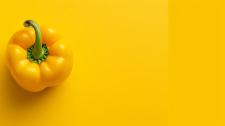 Yellow bell pepper isolated on yellow background. Top view. Flat lay.の素材