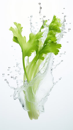 Celery in water splash on a white background. Shallow dof.の素材