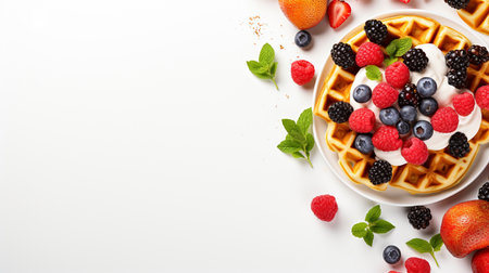 Belgian waffles with fresh berries and whipped cream on white backgroundの素材