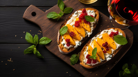 Bruschetta with mango, curd cheese and raspberry on a wooden backgroundの素材