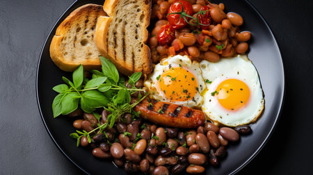 Traditional English breakfast with fried eggs, beans, sausages and toastの素材