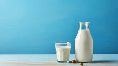 Bottle of milk and glass on blue background with copy space.の素材