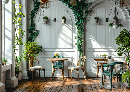 Interior of modern cafe with white walls, wooden floor and green plants. 3d renderの素材