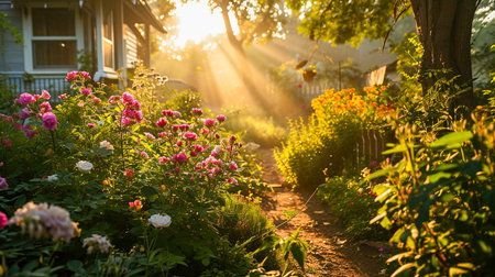 Sunset in the garden with sunbeams and flowers in summerの素材
