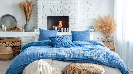 luxury bedroom with blue pillows on bed in front of fireplaceの素材