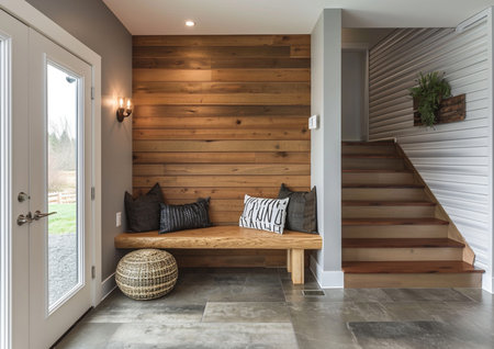 Interior of modern living room with wooden stairs and wooden bench. Nobody insideの素材