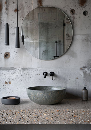 Interior of modern bathroom with concrete walls, concrete floor, gray sink and round mirror. 3d renderingの素材