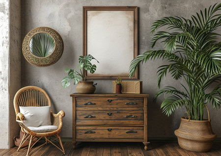 Interior of modern living room with wooden commode, armchair and tropical plants. Mock up, 3D Renderingの素材