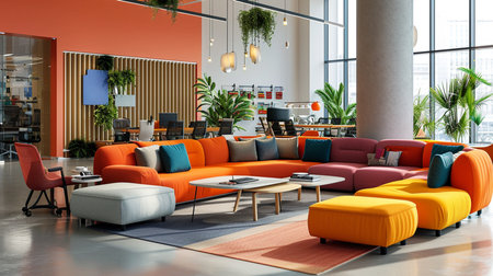 Interior of a modern office lobby with orange and orange sofasの素材