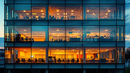Glass wall of a modern office building in the evening. Architectural details.の素材