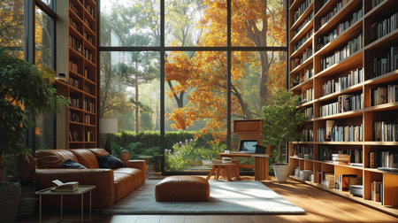 Interior of a modern library with bookshelf 3D renderingの素材