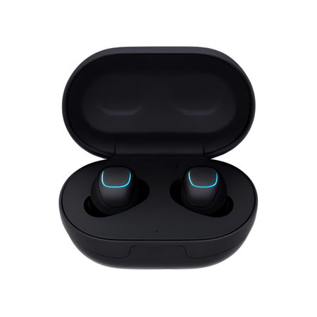Black wireless earbuds headphones with blue line pattern isolated on a white background. 3d render.の写真素材
