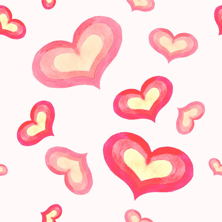 Seamless texture for various design things, watercolor hearts. Drawing by hand on the day of lovers.