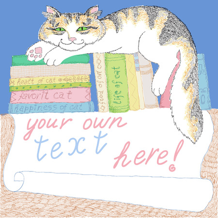 Manual drawing with cat and booksのイラスト素材