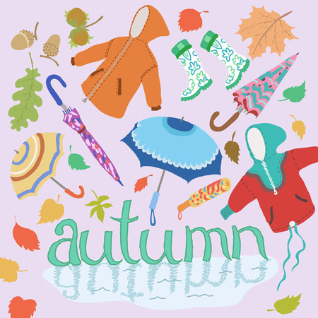 autumn set with leaves, umbrellas and, jacketsのイラスト素材