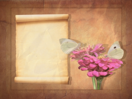 Aged vintage wedding  holiday  invitation card with a butterflies on the flowers, with place for your text の写真素材
