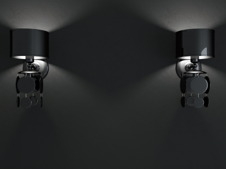 Modern black wall lamps on black background. Dark interior composition.の写真素材