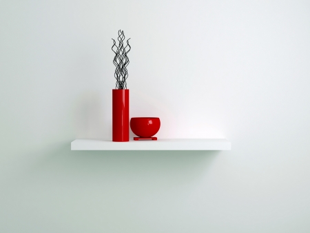 Detail shot of shelf with red vases. Interior design.の写真素材