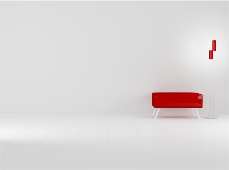 Red sofa in the empty black and red room, 3D render/illustrationの写真素材