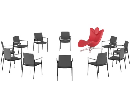 Special red comfortable office armchair between ordinary seats, standing in a circle, isolated, render/illustrationの写真素材