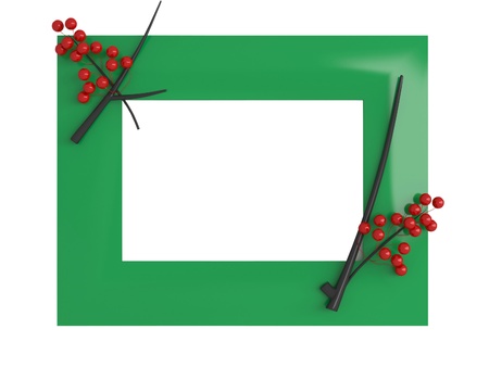Empty, green, floral, picture frame  isolated on white, render/illustration