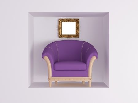 Classic violet armchair, gold empty frame in front of white wall, renderingの写真素材