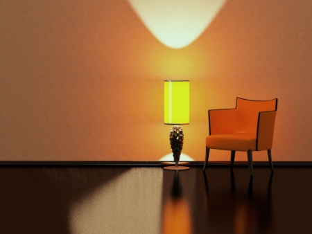Modern interior design, red sofa yellow floor lamp in the empty black and red room, 3D render/illustration minimalismの写真素材