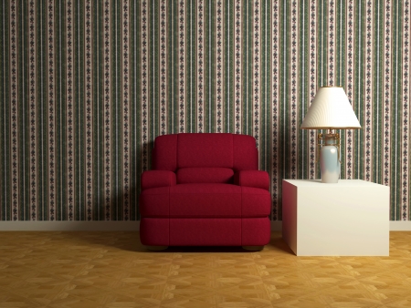 Romantic interior design of modern room with red armchair and lamp, 3d renderingの写真素材