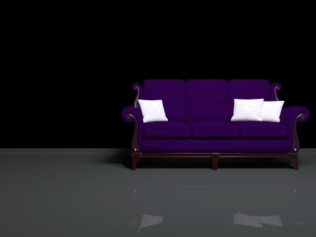 Modern interior design, empty dark room with big classic violet sofa, 3d renderの写真素材