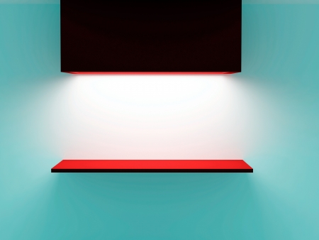 Empty red shelf on blue wall. 3d illustration.の写真素材