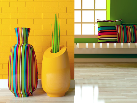 Detail shot of modern living room with two bright vases on the floor. Interior design. Detail shot of modern living room with two bright vases on the floor. Interior design.