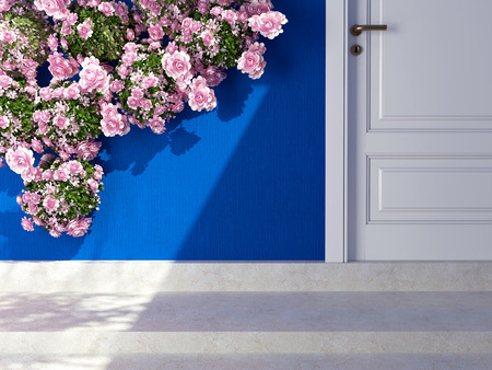 Beautiful roses in front of blue wall. Entrance of a house.の写真素材