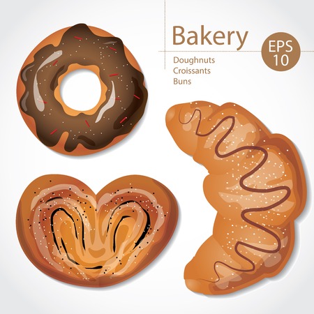 Set of delicious buns, croissants and donuts on white background. Menu concept.のイラスト素材