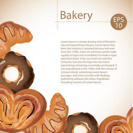 Delicious buns, croissants and donuts on white background. Bakery's menu concept.のイラスト素材