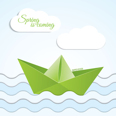 Vector paper origami boat icon on spring background with clouds and waves . Paper designのイラスト素材