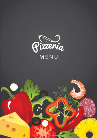 An italian pizzeria menu concept. Idea of Identity of restaurant with close up vector pizzas toppings and hand drawn logo on blurred background. Vegetables, sausages, cheese and shrimp as frame.のイラスト素材