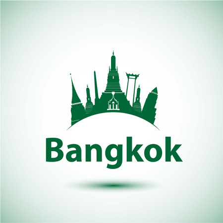 Vector silhouette of Bangkok, Thailand. City skyline with landmarks Wat Phra Kaew, Wat Arun and Giant Swing.のイラスト素材
