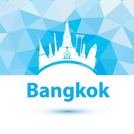 Vector silhouette of Bangkok, Thailand. City skyline with landmarks Wat Phra Kaew, Wat Arun and Giant Swing on polygonal background.のイラスト素材