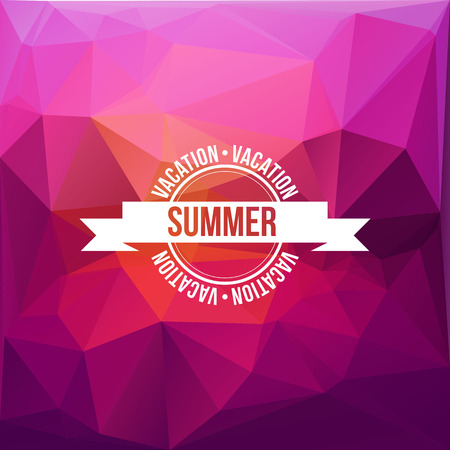 Modern travel stamp with ribbon on purple triangles tropical sunset background. Summer vacationのイラスト素材