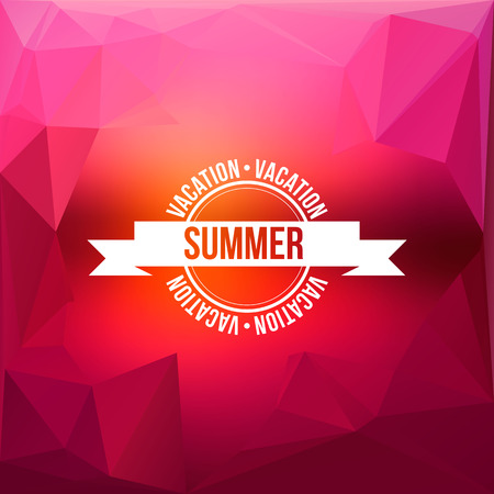 Modern travel stamp with ribbon on purple triangles tropical sunset background combined with blur.. Summer vacationのイラスト素材