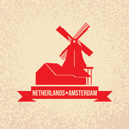 Windmill - The symbol of Spain, Madrid. Vintage stamp with red ribbonのイラスト素材