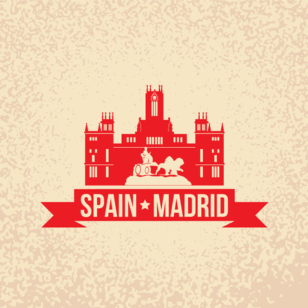 Cybele Palace - The symbol of Spain, Madrid. Vintage stamp with red ribbonのイラスト素材
