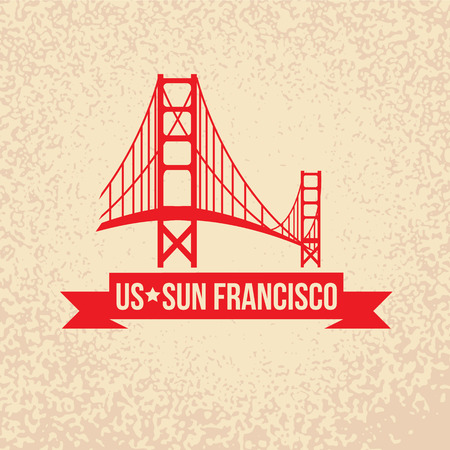 Golden Gate bridge - The symbol of US, Sun Francisco.. Vintage stamp with red ribbonのイラスト素材